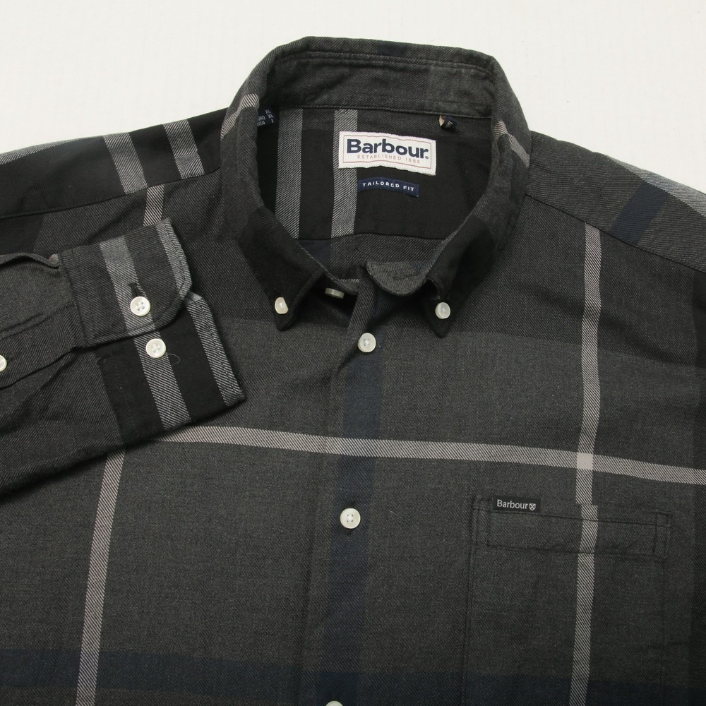 Barbour Dunoon Shirt Mens Large Gray Plaid Tailored Fit Long Sleeve Button Down